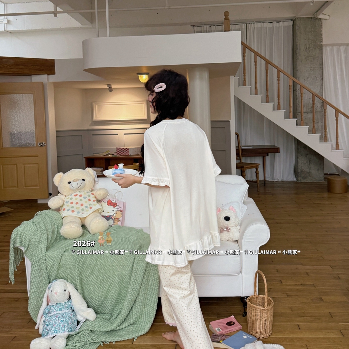 91家纺网 家纺一手货源 找家纺 （总）妍景家居生活馆 2026新款莱赛尔冰丝棉小熊家-长款小狗家居服