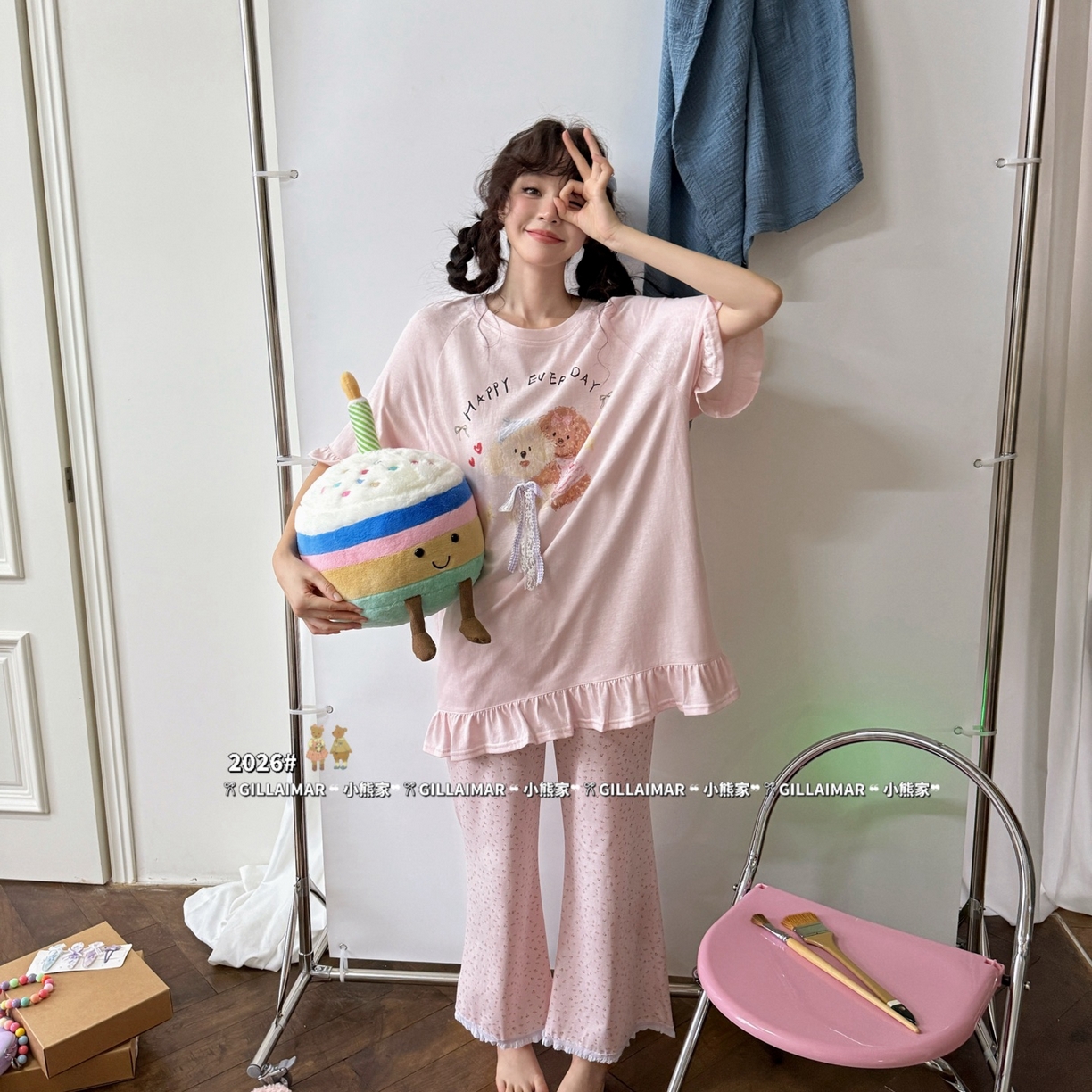 91家纺网 家纺一手货源 找家纺 妍景家居生活馆 2026新款莱赛尔冰丝棉小熊家-长款小狗家居服 长款小狗-粉色