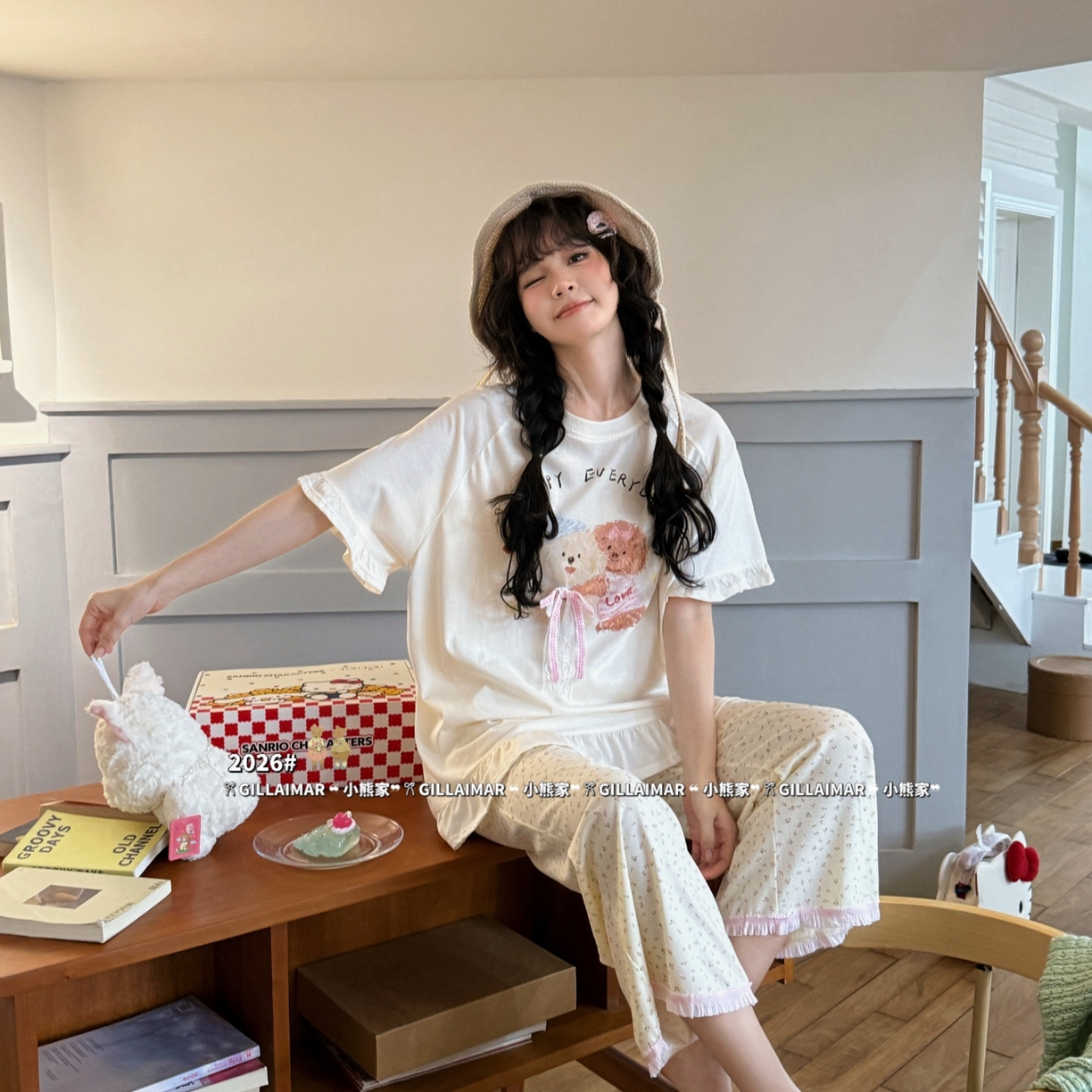 91家纺网 家纺一手货源 找家纺 妍景家居生活馆 2026新款莱赛尔冰丝棉小熊家-长款小狗家居服 长款小狗-米白