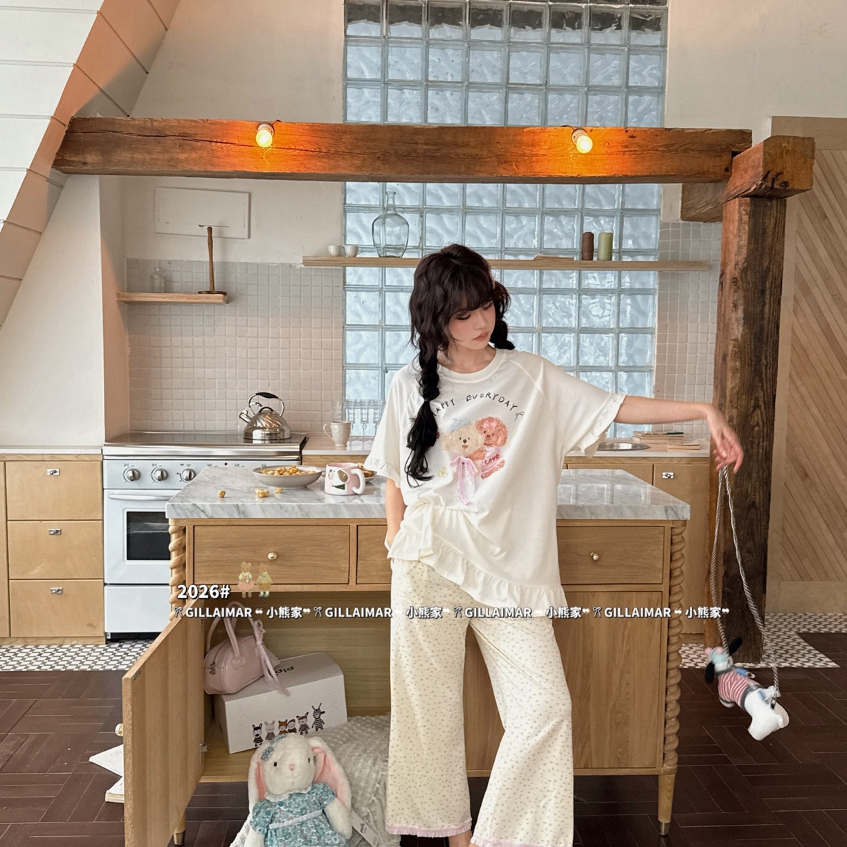 妍景家居生活馆 2026新款莱赛尔冰丝棉小熊家-长款小狗家居服 长款小狗-米白