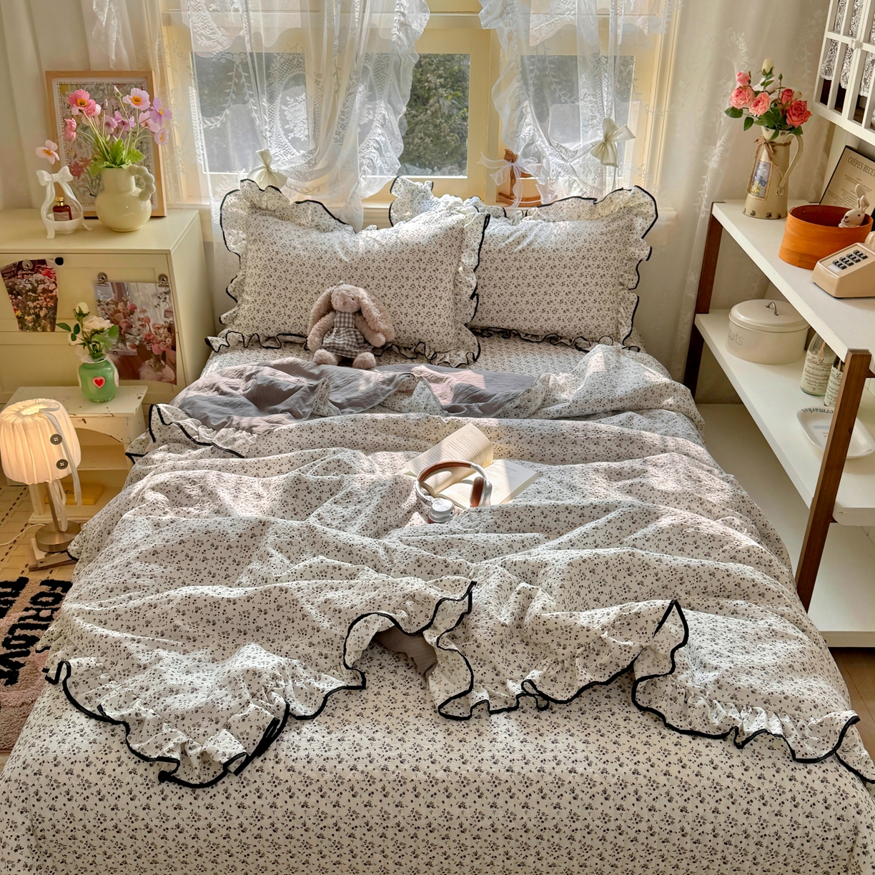 91家纺网 家纺一手货源 找家纺 阿曼达 2026新款印花小碎花花边夏被床盖四件套单夏被单床盖 松月间