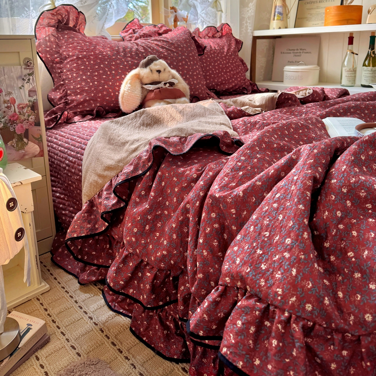 91家纺网 家纺一手货源 找家纺 阿曼达 2026新款印花小碎花花边夏被床盖四件套单夏被单床盖 浆果藤