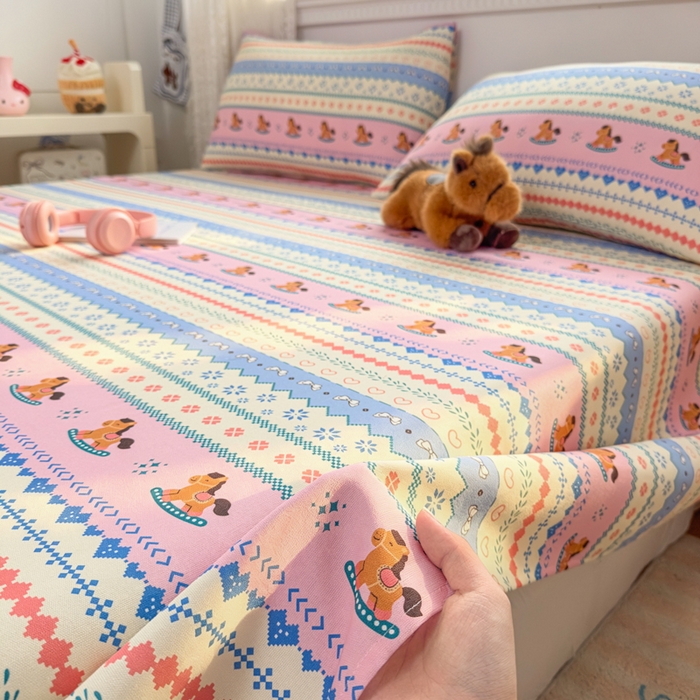 91家纺网 家纺一手货源 找家纺 （总）爱彼家纺 2026夏季热门新款费尔岛小马风格原棉老粗布床单席子凉席三件套-费尔岛风格