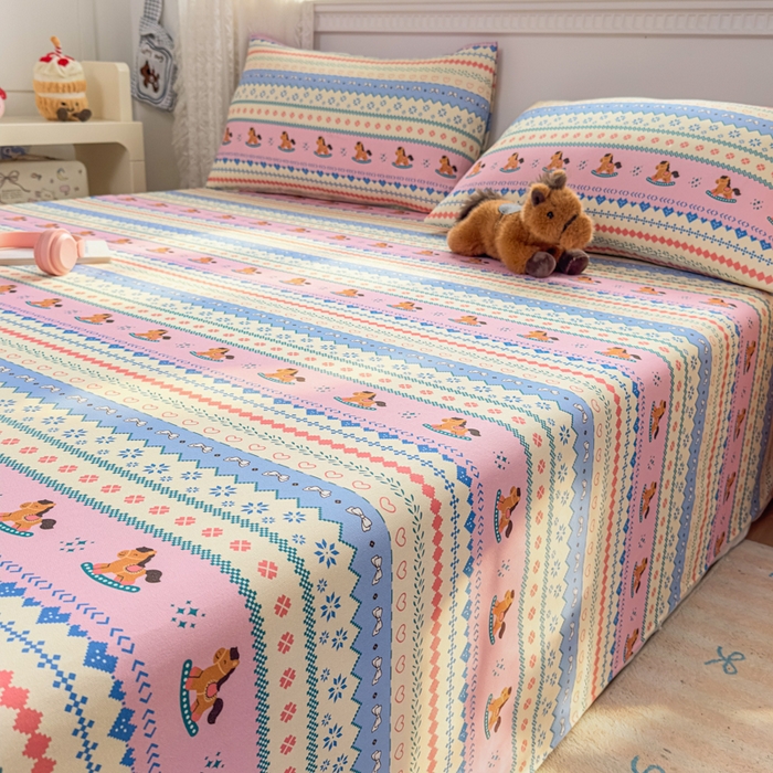 91家纺网 家纺一手货源 找家纺 （总）爱彼家纺 2026夏季热门新款费尔岛小马风格原棉老粗布床单席子凉席三件套-费尔岛风格