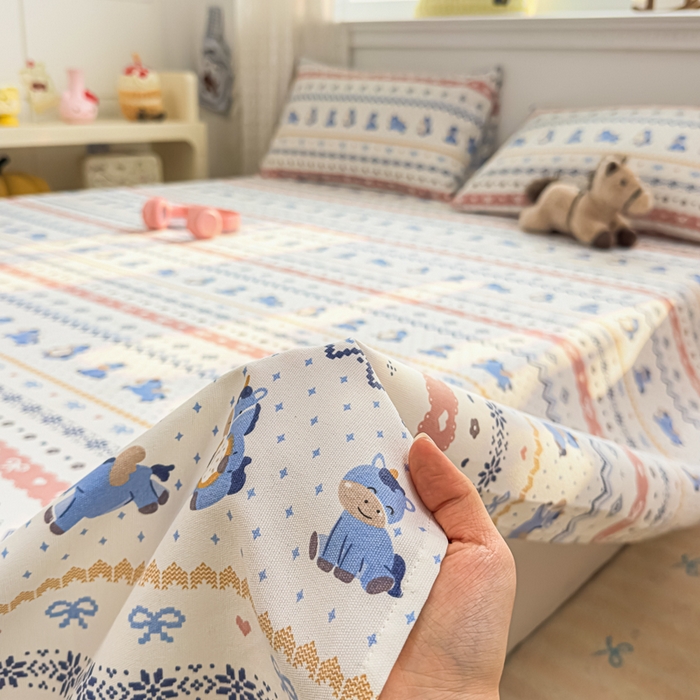 91家纺网 家纺一手货源 找家纺 爱彼家纺 2026夏季热门新款费尔岛小马风格原棉老粗布床单席子凉席三件套-费尔岛风格 奶蓝小马