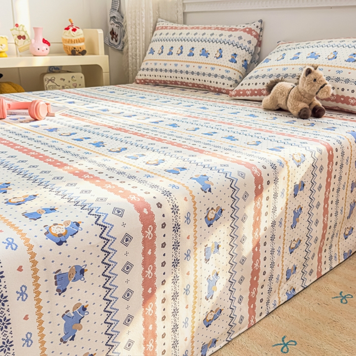 91家纺网 家纺一手货源 找家纺 爱彼家纺 2026夏季热门新款费尔岛小马风格原棉老粗布床单席子凉席三件套-费尔岛风格 奶蓝小马