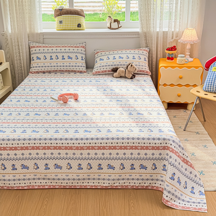 91家纺网 家纺一手货源 找家纺 爱彼家纺 2026夏季热门新款费尔岛小马风格原棉老粗布床单席子凉席三件套-费尔岛风格 奶蓝小马