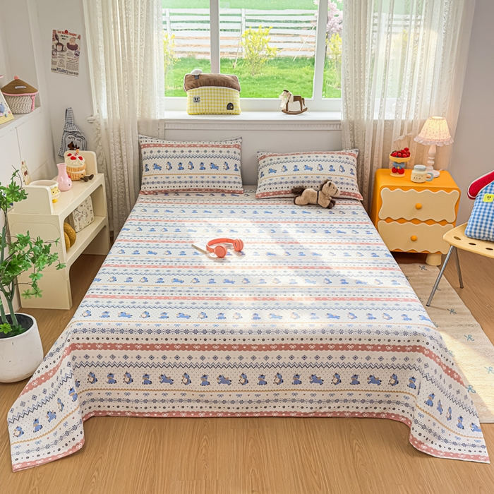 91家纺网 家纺一手货源 找家纺 爱彼家纺 2026夏季热门新款费尔岛小马风格原棉老粗布床单席子凉席三件套-费尔岛风格 奶蓝小马