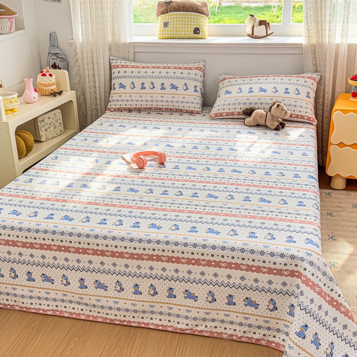 91家纺网 家纺一手货源 找家纺 爱彼家纺 2026夏季热门新款费尔岛小马风格原棉老粗布床单席子凉席三件套-费尔岛风格 奶蓝小马