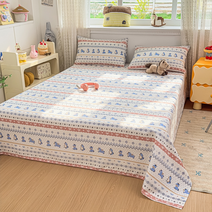 91家纺网 家纺一手货源 找家纺 爱彼家纺 2026夏季热门新款费尔岛小马风格原棉老粗布床单席子凉席三件套-费尔岛风格 奶蓝小马