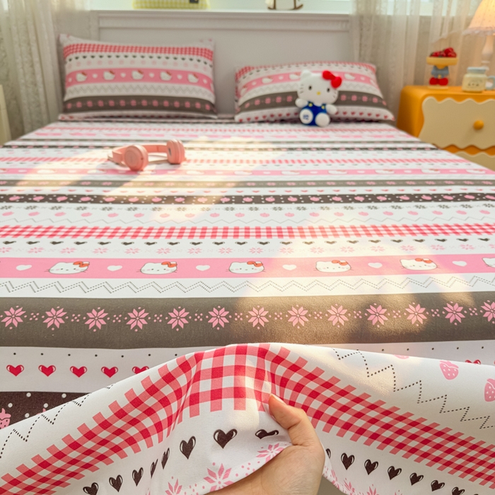 91家纺网 家纺一手货源 找家纺 爱彼家纺 2026夏季热门新款费尔岛小马风格原棉老粗布床单席子凉席三件套-费尔岛风格 甜梦kitt