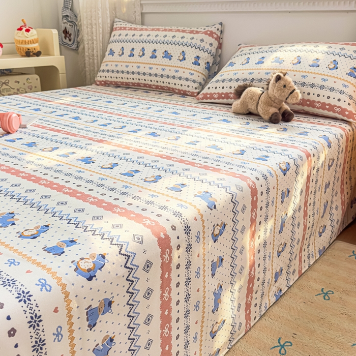 91家纺网 家纺一手货源 找家纺 爱彼家纺 2026夏季热门新款费尔岛小马风格原棉老粗布床单席子凉席三件套-费尔岛风格 奶蓝小马