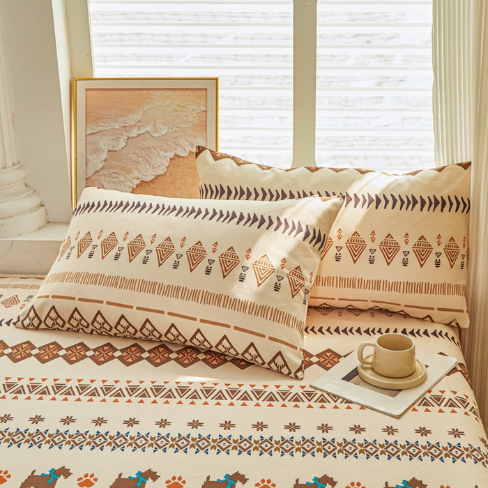 91家纺网 家纺一手货源 找家纺 爱彼家纺 2026夏季热门新款费尔岛小马风格原棉老粗布床单席子凉席三件套-费尔岛风格 摩洛哥小狗