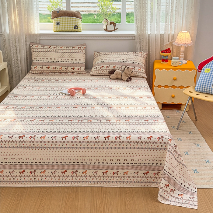 91家纺网 家纺一手货源 找家纺 爱彼家纺 2026夏季热门新款费尔岛小马风格原棉老粗布床单席子凉席三件套-费尔岛风格 小马牧歌