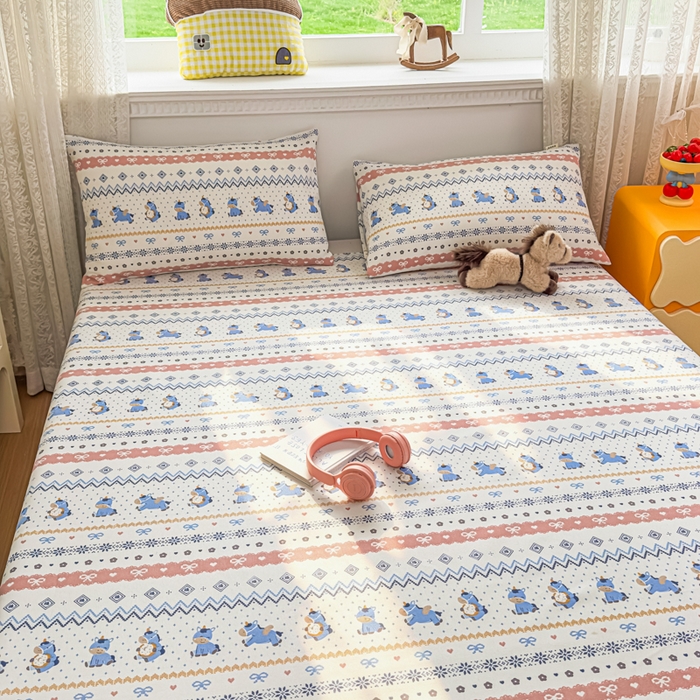 91家纺网 家纺一手货源 找家纺 爱彼家纺 2026夏季热门新款费尔岛小马风格原棉老粗布床单席子凉席三件套-费尔岛风格 奶蓝小马