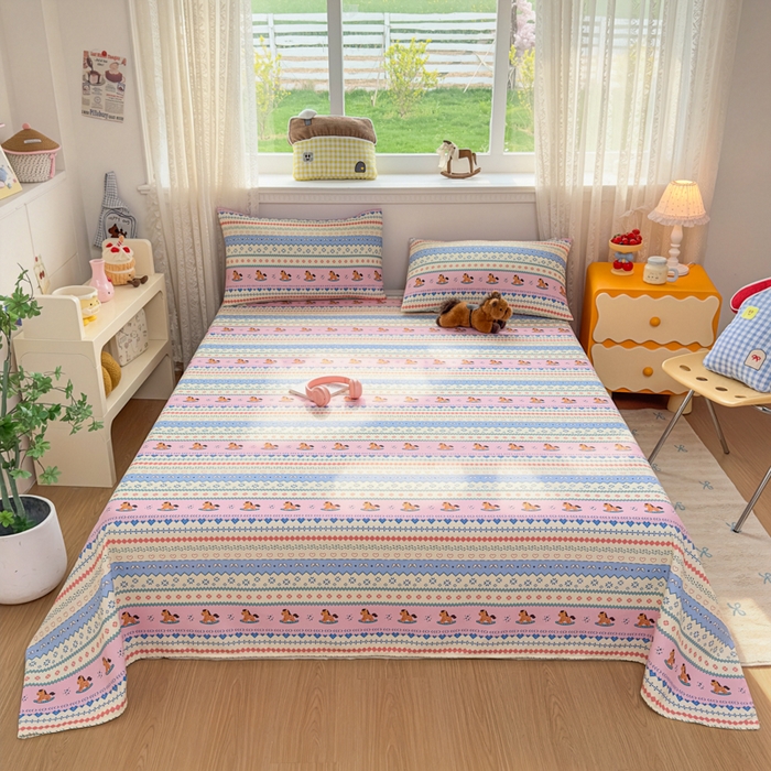 91家纺网 家纺一手货源 找家纺 爱彼家纺 2026夏季热门新款费尔岛小马风格原棉老粗布床单席子凉席三件套-费尔岛风格 摇摇木马粉