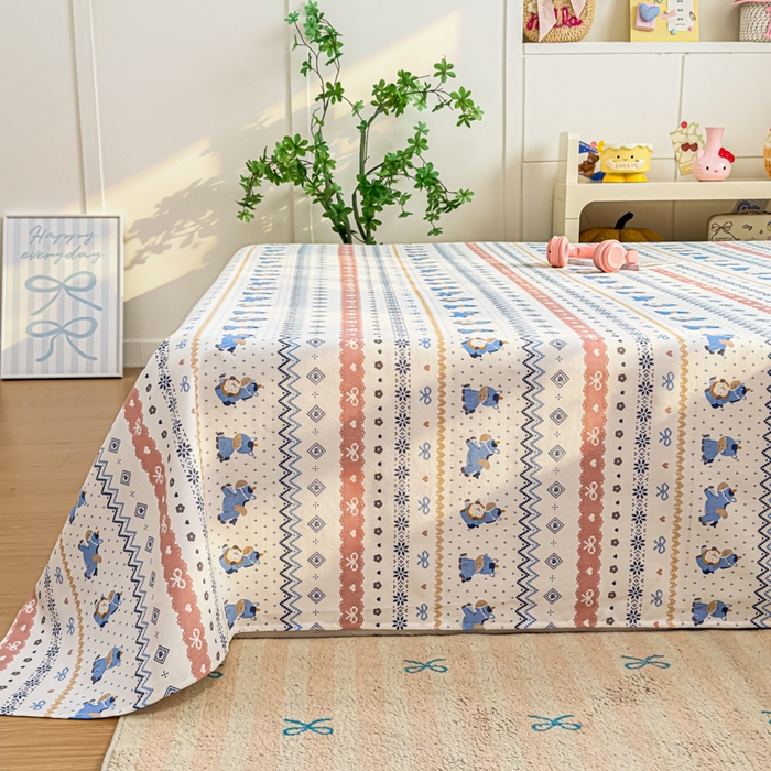 91家纺网 家纺一手货源 找家纺 爱彼家纺 2026夏季热门新款费尔岛小马风格原棉老粗布床单席子凉席三件套-费尔岛风格 奶蓝小马