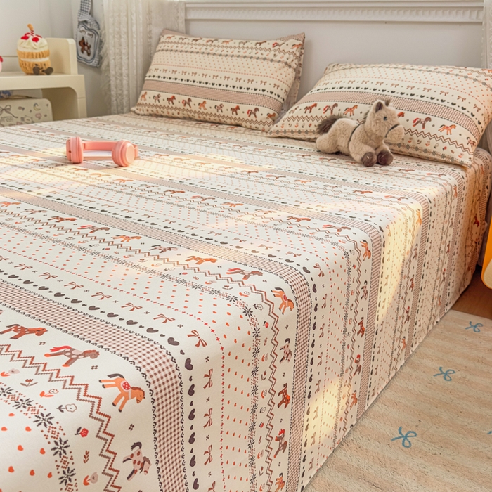 91家纺网 家纺一手货源 找家纺 爱彼家纺 2026夏季热门新款费尔岛小马风格原棉老粗布床单席子凉席三件套-费尔岛风格 小马牧歌