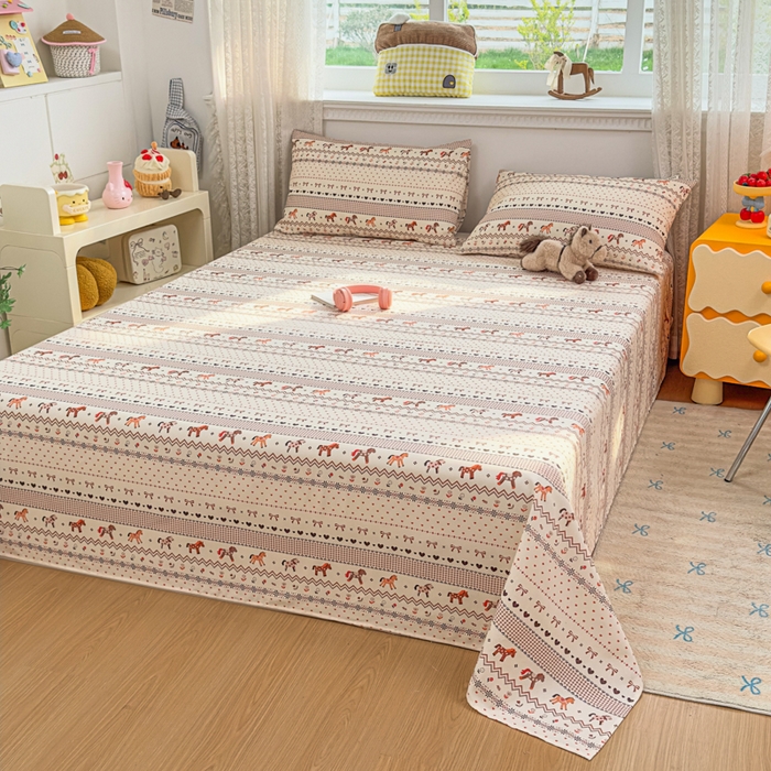 91家纺网 家纺一手货源 找家纺 爱彼家纺 2026夏季热门新款费尔岛小马风格原棉老粗布床单席子凉席三件套-费尔岛风格 小马牧歌