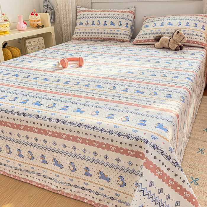 91家纺网 家纺一手货源 找家纺 爱彼家纺 2026夏季热门新款费尔岛小马风格原棉老粗布床单席子凉席三件套-费尔岛风格 奶蓝小马