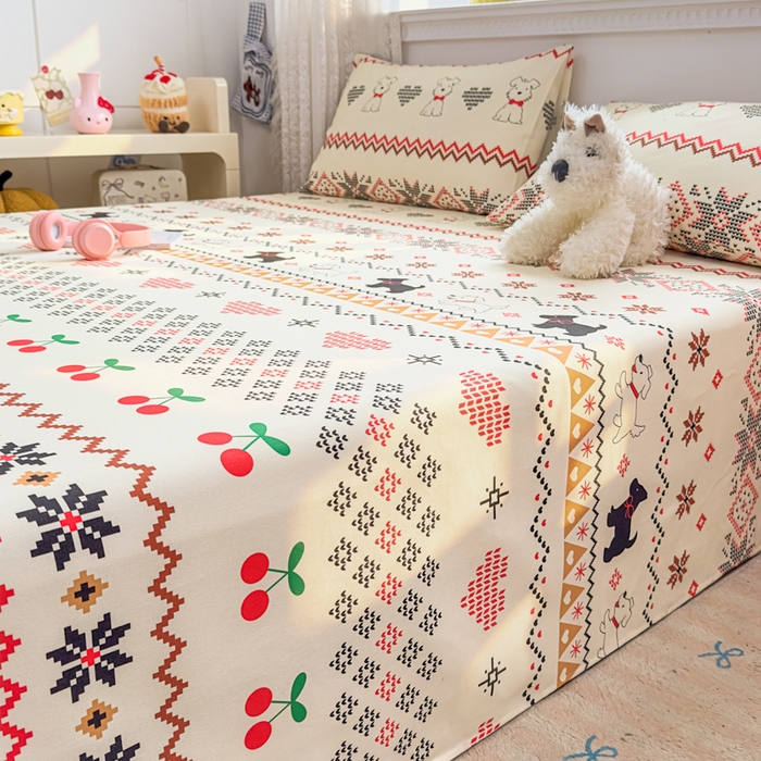 91家纺网 家纺一手货源 找家纺 爱彼家纺 2026夏季热门新款费尔岛小马风格原棉老粗布床单席子凉席三件套-费尔岛风格 西高地