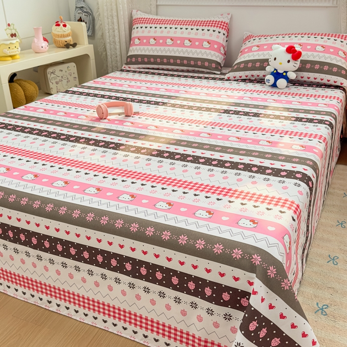 91家纺网 家纺一手货源 找家纺 爱彼家纺 2026夏季热门新款费尔岛小马风格原棉老粗布床单席子凉席三件套-费尔岛风格 甜梦kitt