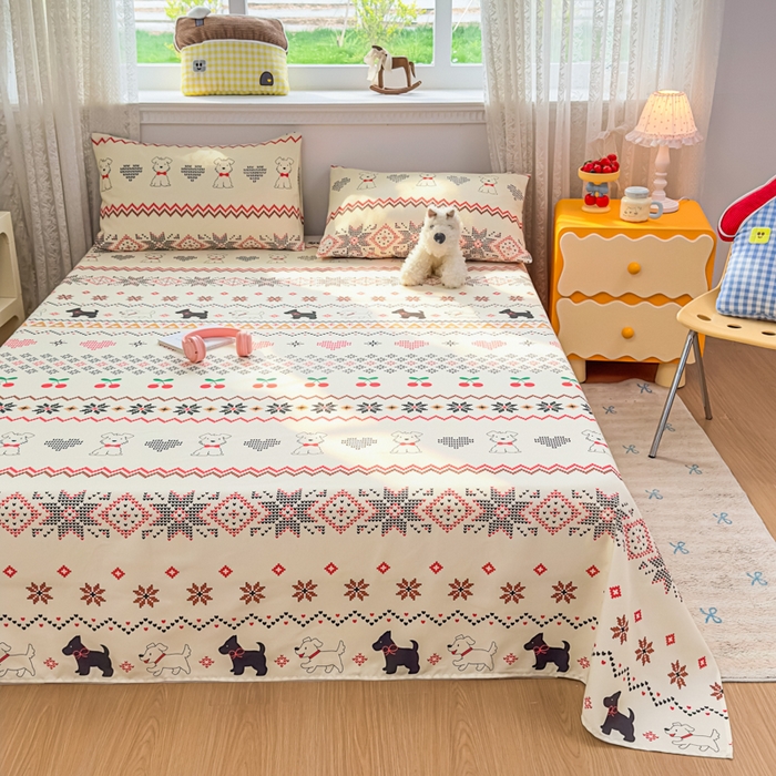 91家纺网 家纺一手货源 找家纺 爱彼家纺 2026夏季热门新款费尔岛小马风格原棉老粗布床单席子凉席三件套-费尔岛风格 西高地