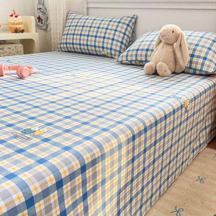 91家纺网 家纺一手货源 找家纺 爱彼家纺 2026夏季热门新款费尔岛小马风格原棉老粗布床单席子凉席三件套-费尔岛风格 格子小兔