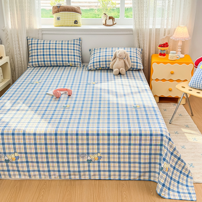 91家纺网 家纺一手货源 找家纺 爱彼家纺 2026夏季热门新款费尔岛小马风格原棉老粗布床单席子凉席三件套-费尔岛风格 格子小兔