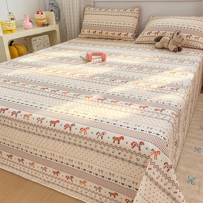 91家纺网 家纺一手货源 找家纺 爱彼家纺 2026夏季热门新款费尔岛小马风格原棉老粗布床单席子凉席三件套-费尔岛风格 小马牧歌