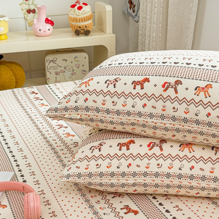 91家纺网 家纺一手货源 找家纺 爱彼家纺 2026夏季热门新款费尔岛小马风格原棉老粗布床单席子凉席三件套-费尔岛风格 小马牧歌