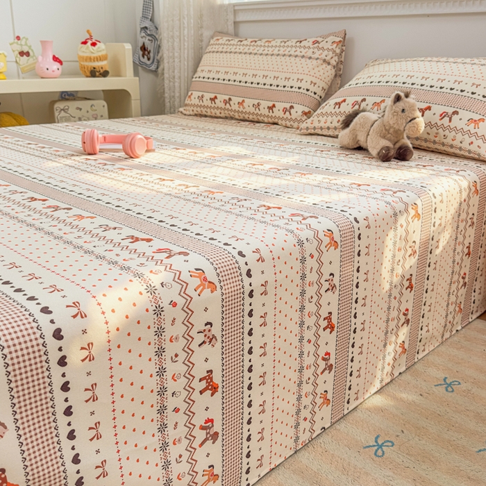 91家纺网 家纺一手货源 找家纺 爱彼家纺 2026夏季热门新款费尔岛小马风格原棉老粗布床单席子凉席三件套-费尔岛风格 小马牧歌