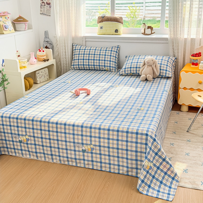 91家纺网 家纺一手货源 找家纺 爱彼家纺 2026夏季热门新款费尔岛小马风格原棉老粗布床单席子凉席三件套-费尔岛风格 格子小兔