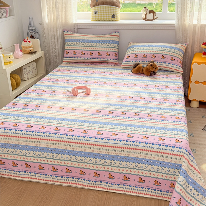 91家纺网 家纺一手货源 找家纺 爱彼家纺 2026夏季热门新款费尔岛小马风格原棉老粗布床单席子凉席三件套-费尔岛风格 摇摇木马粉