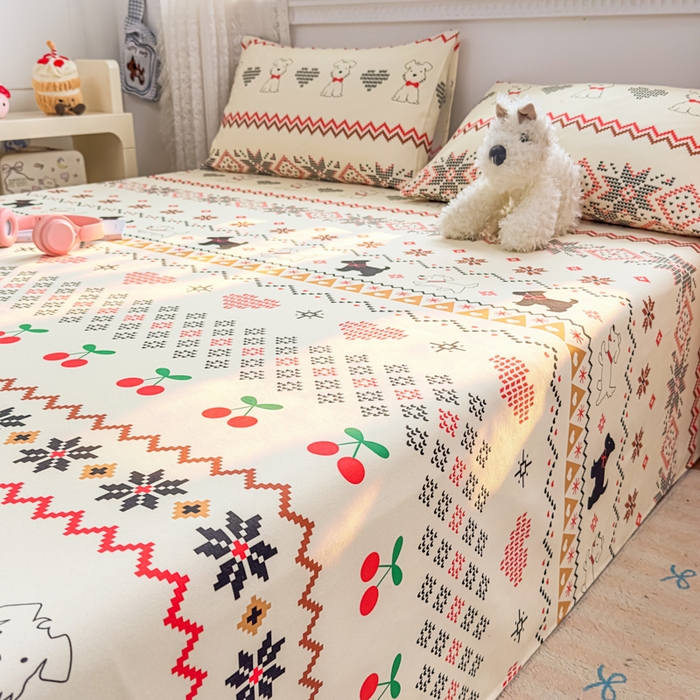 91家纺网 家纺一手货源 找家纺 爱彼家纺 2026夏季热门新款费尔岛小马风格原棉老粗布床单席子凉席三件套-费尔岛风格 西高地