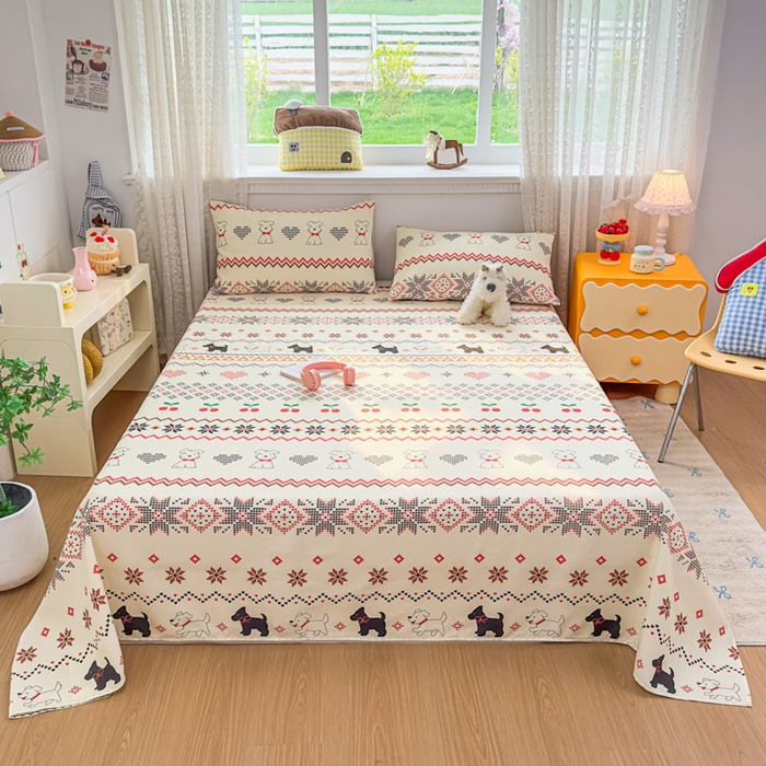 91家纺网 家纺一手货源 找家纺 爱彼家纺 2026夏季热门新款费尔岛小马风格原棉老粗布床单席子凉席三件套-费尔岛风格 西高地