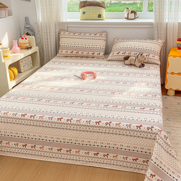 91家纺网 家纺一手货源 找家纺 爱彼家纺 2026夏季热门新款费尔岛小马风格原棉老粗布床单席子凉席三件套-费尔岛风格 小马牧歌