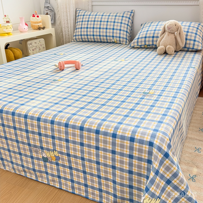 91家纺网 家纺一手货源 找家纺 爱彼家纺 2026夏季热门新款费尔岛小马风格原棉老粗布床单席子凉席三件套-费尔岛风格 格子小兔