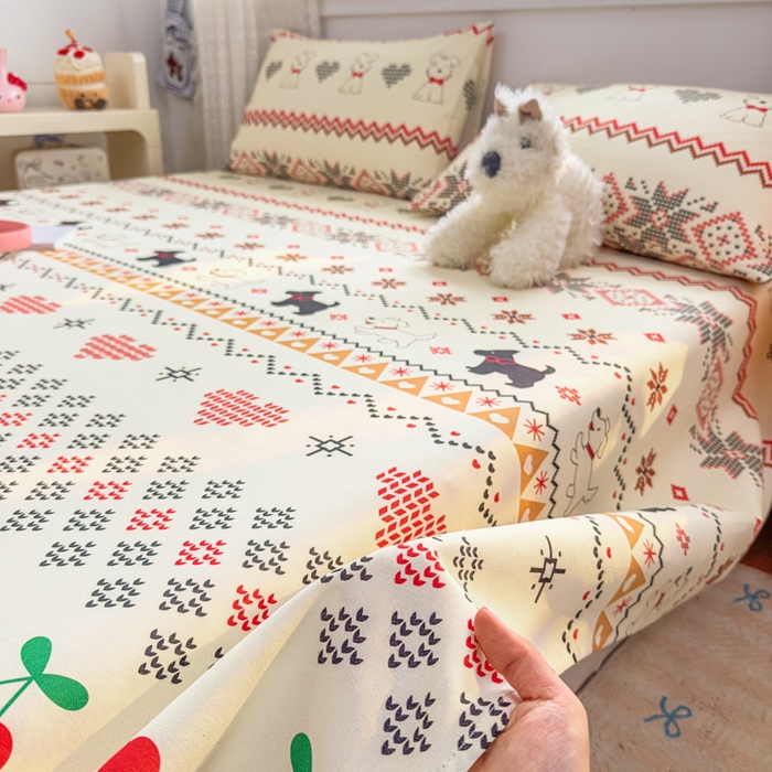 91家纺网 家纺一手货源 找家纺 爱彼家纺 2026夏季热门新款费尔岛小马风格原棉老粗布床单席子凉席三件套-费尔岛风格 西高地