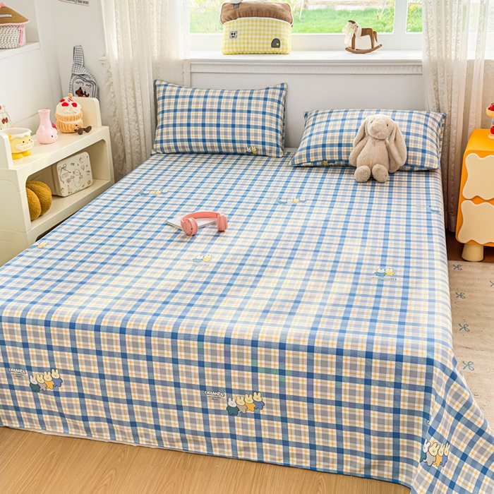 91家纺网 家纺一手货源 找家纺 爱彼家纺 2026夏季热门新款费尔岛小马风格原棉老粗布床单席子凉席三件套-费尔岛风格 格子小兔