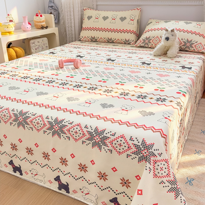 91家纺网 家纺一手货源 找家纺 爱彼家纺 2026夏季热门新款费尔岛小马风格原棉老粗布床单席子凉席三件套-费尔岛风格 西高地