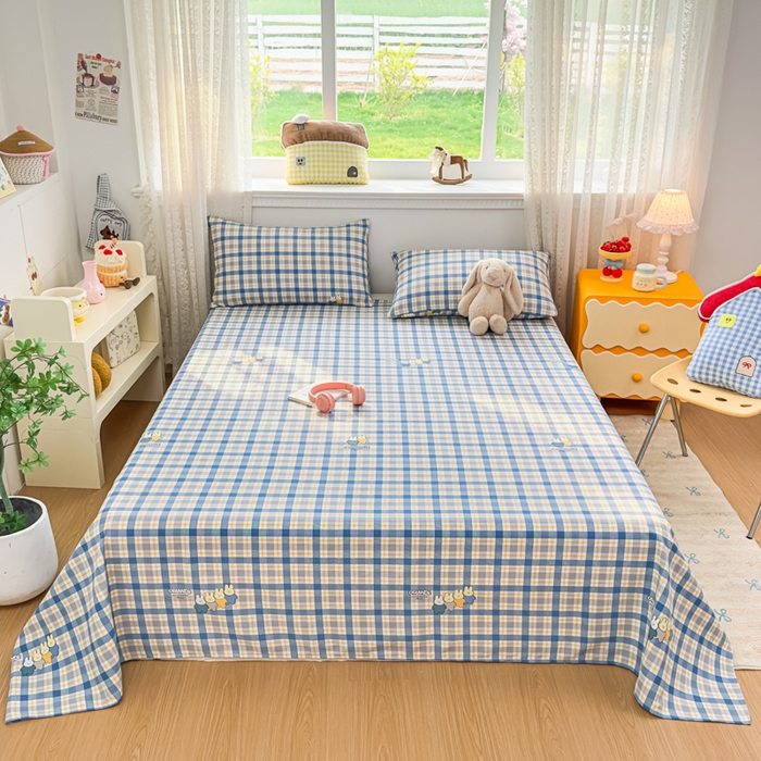 91家纺网 家纺一手货源 找家纺 爱彼家纺 2026夏季热门新款费尔岛小马风格原棉老粗布床单席子凉席三件套-费尔岛风格 格子小兔