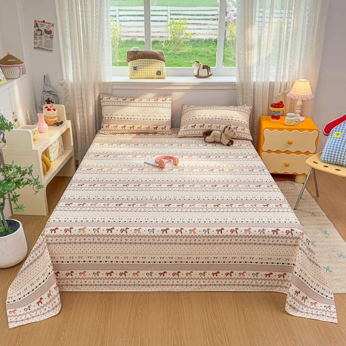 91家纺网 家纺一手货源 找家纺 爱彼家纺 2026夏季热门新款费尔岛小马风格原棉老粗布床单席子凉席三件套-费尔岛风格 小马牧歌