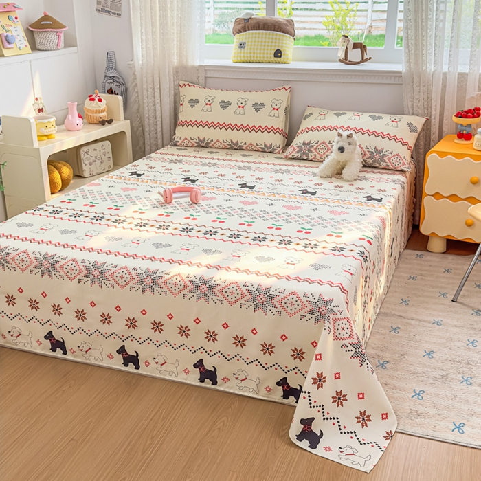 91家纺网 家纺一手货源 找家纺 爱彼家纺 2026夏季热门新款费尔岛小马风格原棉老粗布床单席子凉席三件套-费尔岛风格 西高地