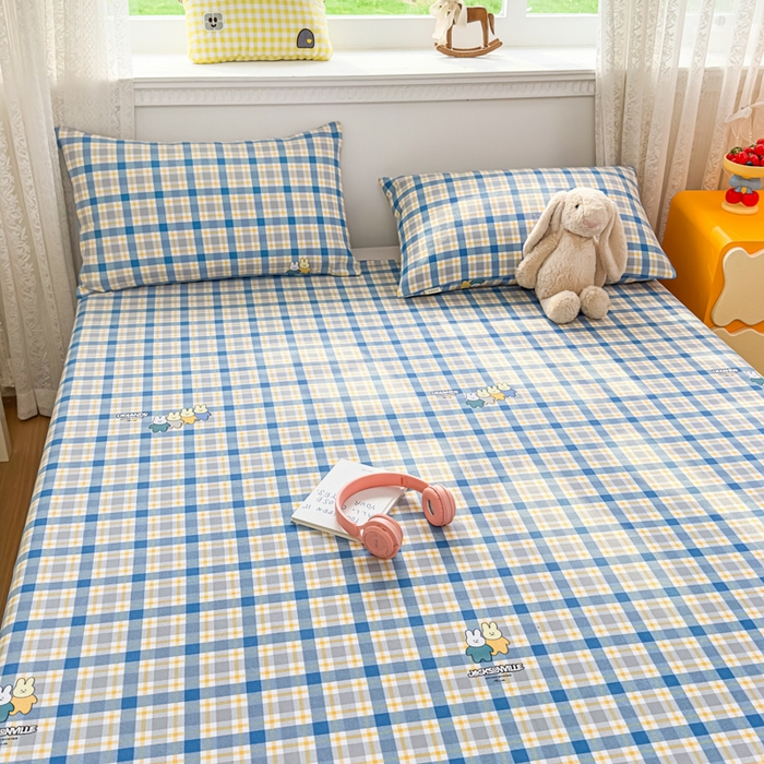 91家纺网 家纺一手货源 找家纺 爱彼家纺 2026夏季热门新款费尔岛小马风格原棉老粗布床单席子凉席三件套-费尔岛风格 格子小兔