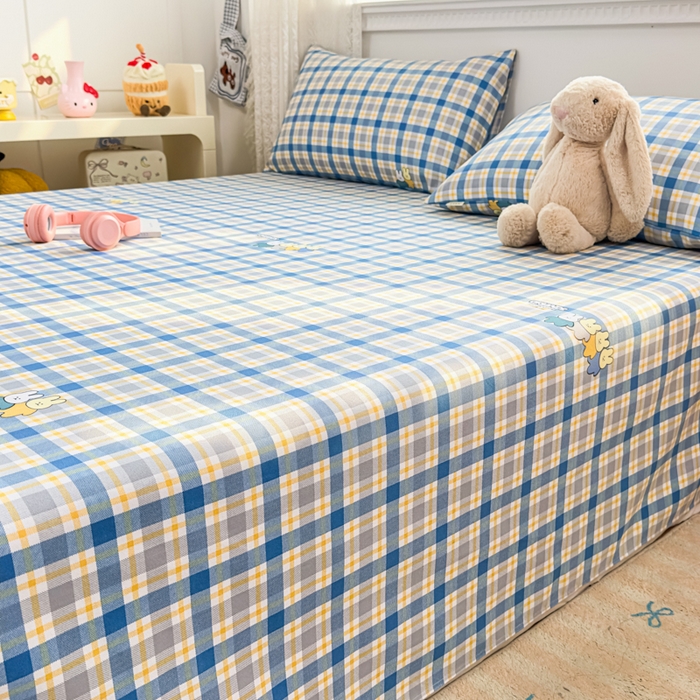 91家纺网 家纺一手货源 找家纺 爱彼家纺 2026夏季热门新款费尔岛小马风格原棉老粗布床单席子凉席三件套-费尔岛风格 格子小兔