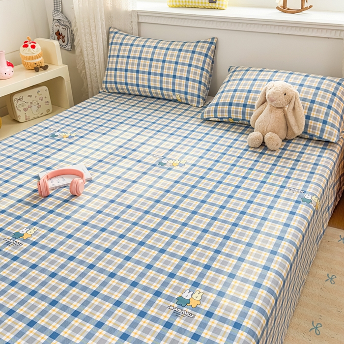 91家纺网 家纺一手货源 找家纺 爱彼家纺 2026夏季热门新款费尔岛小马风格原棉老粗布床单席子凉席三件套-费尔岛风格 格子小兔