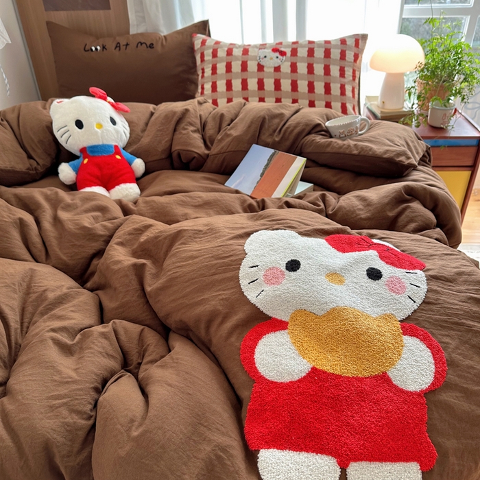 91家纺网 家纺一手货源 找家纺 顾里家纺 2026新款治愈韩风毛巾绣云朵棉四件套 招财猫