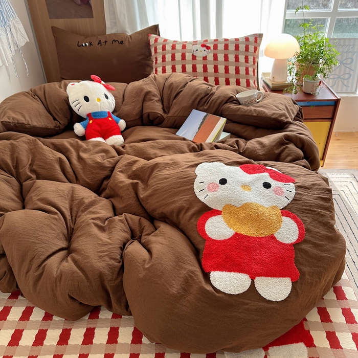 91家纺网 家纺一手货源 找家纺 顾里家纺 2026新款治愈韩风毛巾绣云朵棉四件套 招财猫