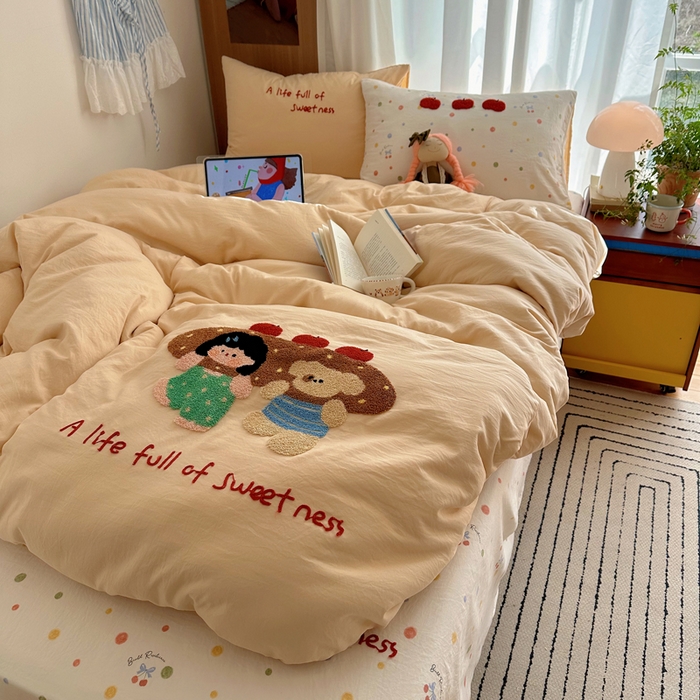 顾里家纺 2026新款治愈韩风毛巾绣云朵棉四件套 泡芙面包